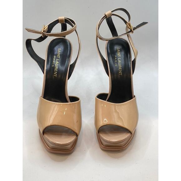 SAINT LAURENT Paris Women's Patent Nude Platform Stiletto Ankle-Strap Heels SZ37 - Picture 1 of 13